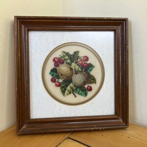 Fruit & Leaf Bunch Petit Point Completed Vtg 7" Square Framed Hand Embroidery